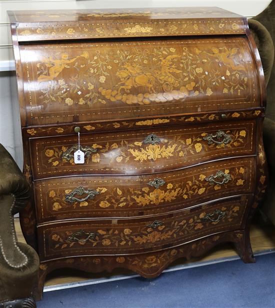 A 19th century Dutch walnut and marquetry bombe cylinder bureau, W.3ft 8in. D.2ft H.3ft 8in.